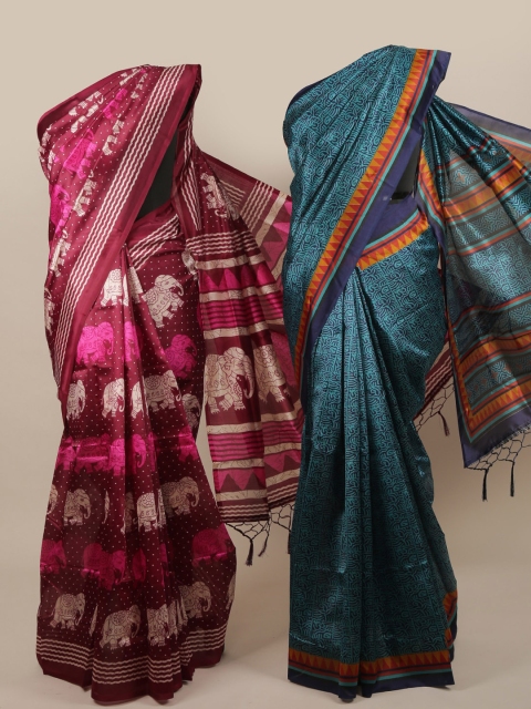 

Pothys Pack Of 2 Violet & Navy Blue Jute Silk Printed Saree