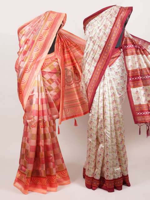 

Pothys Pack Of 2 Peach-Coloured & Cream-Coloured Jute Silk Printed Sarees