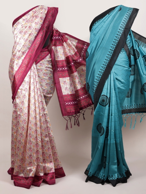 

Pothys Cream-Coloured & Blue Set of 2 Jute Silk Printed Saree