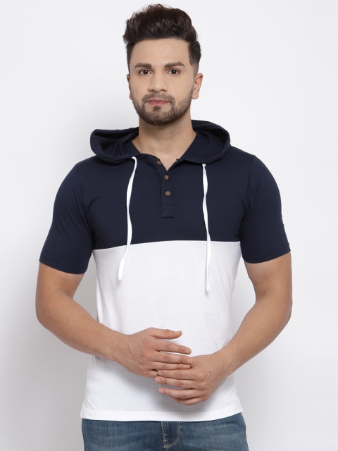 

Kalt Men White & Navy Blue Colourblocked Hooded T-shirt