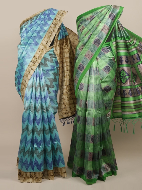 

Pothys Pack of 2 Blue & Green Jute Silk Printed Saree
