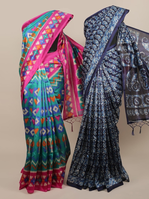 

Pothys Pack Of 2 Jute Silk Printed Sarees, Sea green