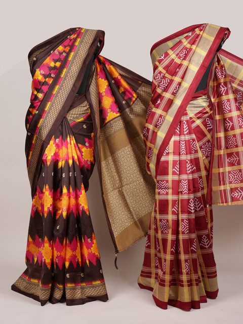 

Pothys Pack Of 2 Brown & Maroon Jute Silk Printed Sarees