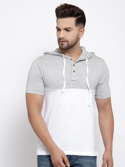 

Kalt Men White & Grey Colourblocked Hooded T-shirt