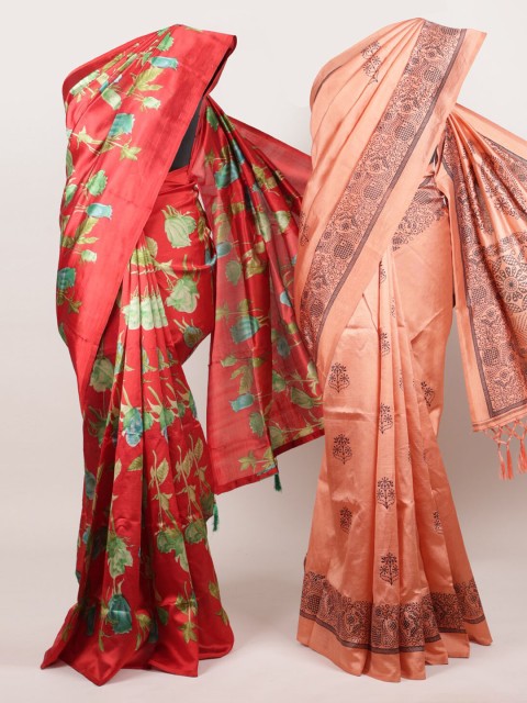 

Pothys Pack Of 2 Jute Silk Printed Sarees, Red