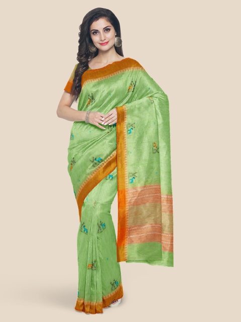 

KLM Fashion Mall Green & Orange Linen Blend Woven Design Venkatgiri Saree