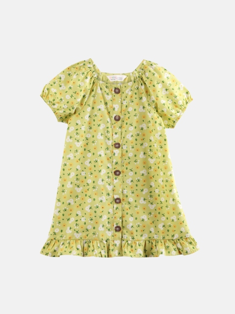 

Beebay Girl Green & White Pure Cotton Floral Printed A-Line Dress