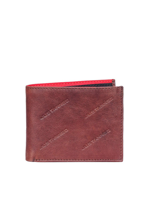 

Justanned Men Brown & Black Solid Two Fold Leather Wallet With Embossing Detail