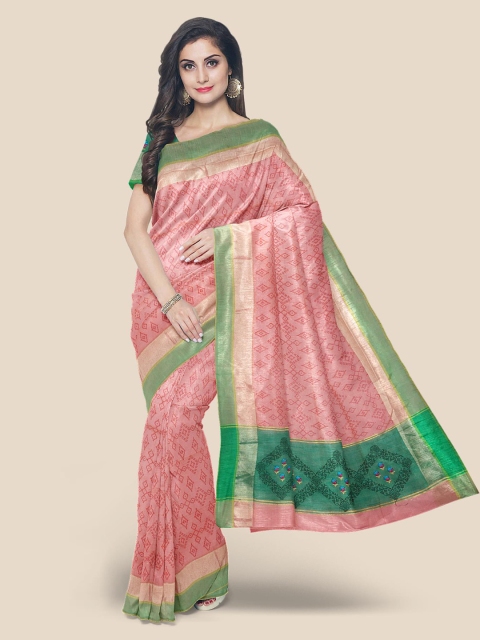

KLM Fashion Mall Peach-Coloured & Green Linen Blend Printed Venkatgiri Saree