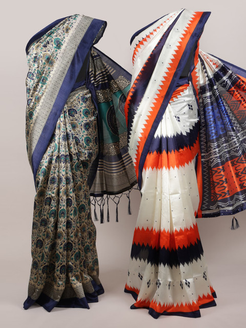 

Pothys Pack Of 2 Cream-Coloured & Blue Jute Silk Printed Sarees