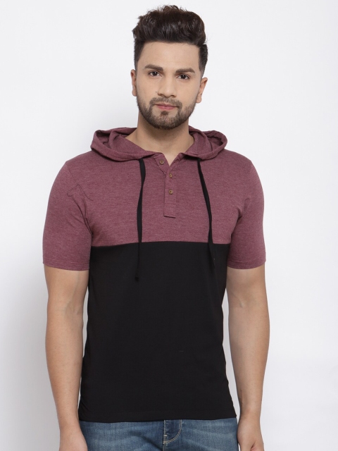 

Kalt Men Maroon & Black Colourblocked Hooded T-shirt