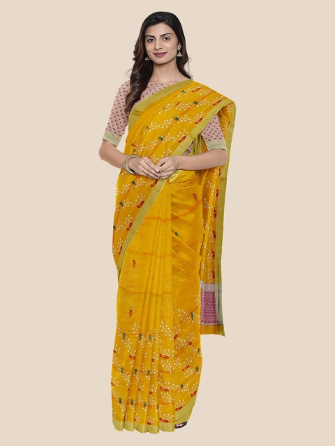 

KLM Fashion Mall Mustard Yellow & Green Linen Blend Woven Design Venkatgiri Saree