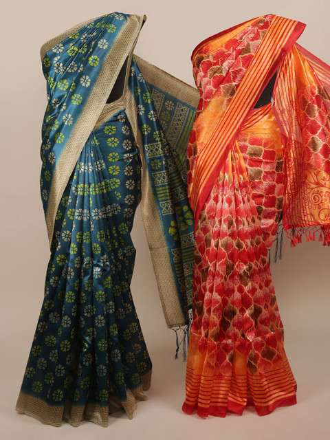 

Pothys Pack of 2 Blue & Orange Jute Silk Printed Saree