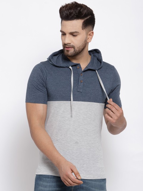 

Kalt Men Grey Melange & Blue Colourblocked Hooded T-shirt