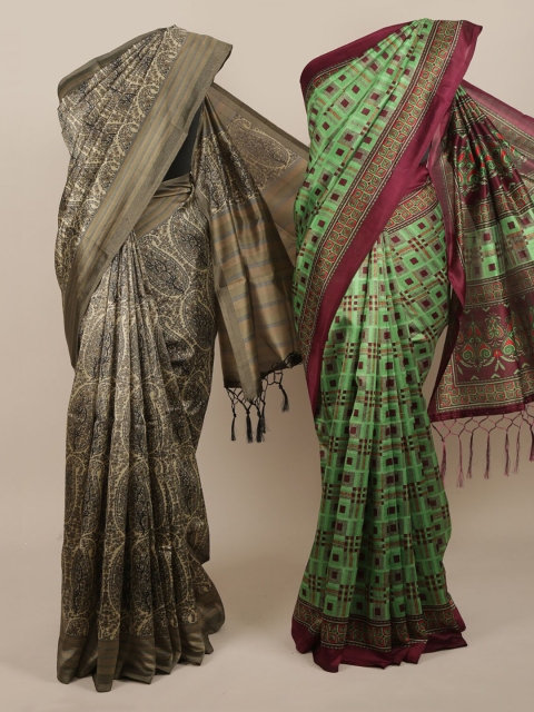 

Pothys Pack Of 2 Green Printed Jute Silk Sarees