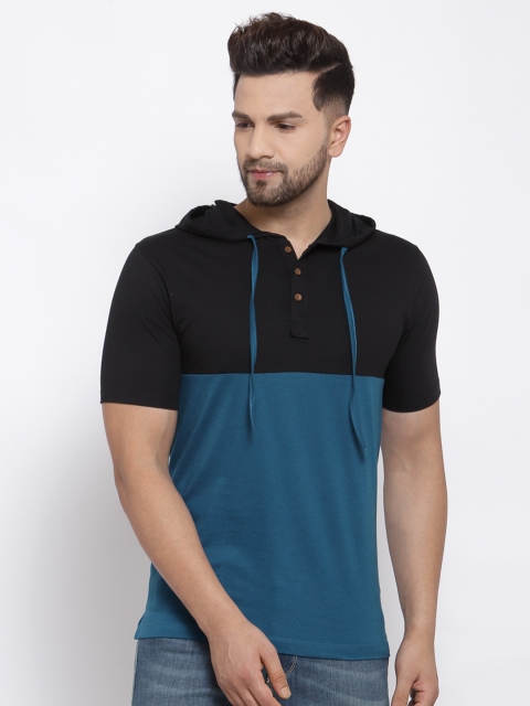 

Kalt Men Teal Blue & Black Colourblocked Hooded T-shirt