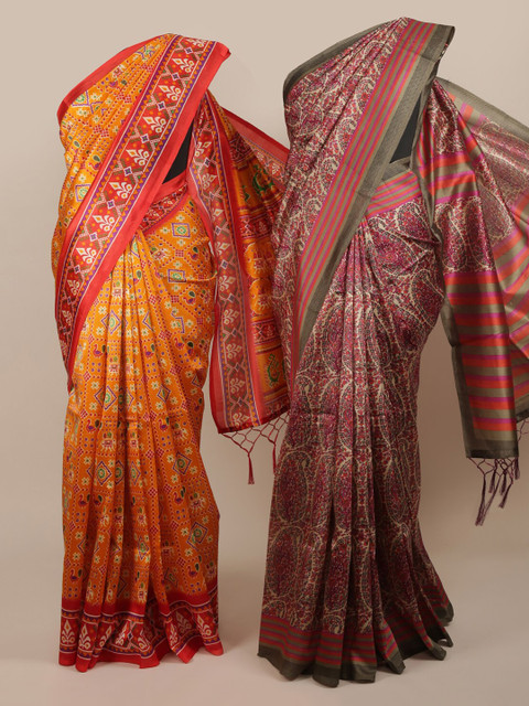 

Pothys Pack Of 2 Orange & Violet Jute Silk Printed Sarees