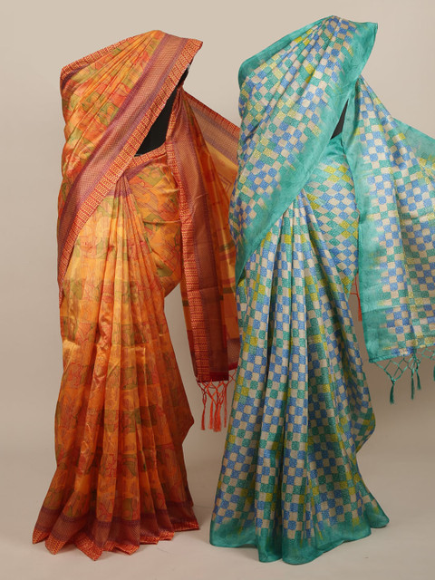 

Pothys Pack Of 2 Jute Silk Printed Sarees, Orange
