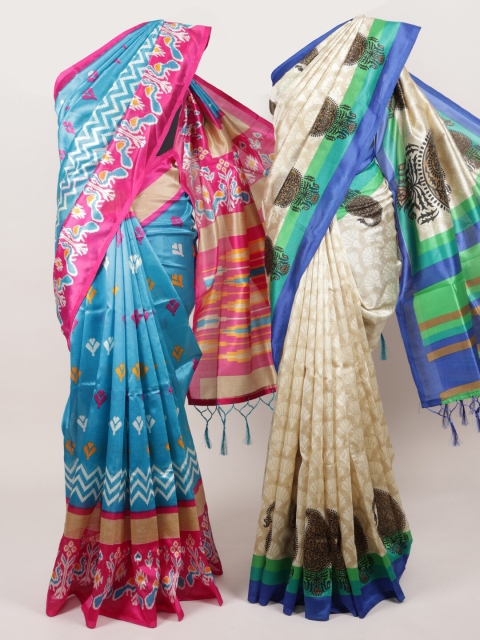 Pothys Pack Of 2 Jute Silk Printed Sarees, Cream