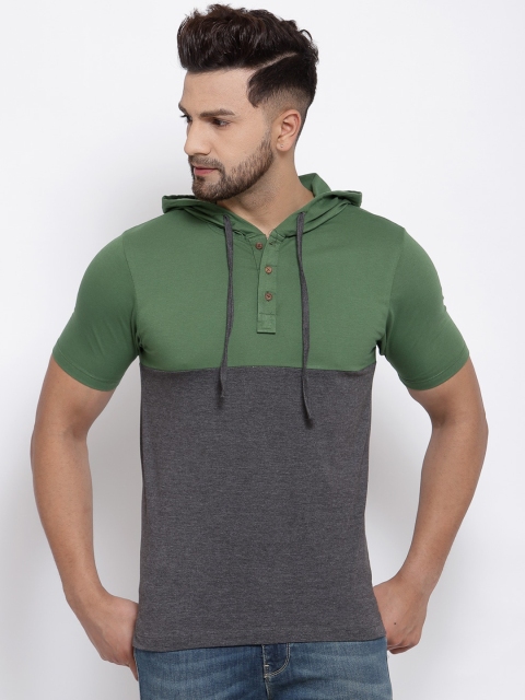 

Kalt Men Green & Charcoal Grey Colourblocked Hood T-shirt