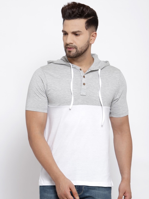 

Kalt Men White & Grey Colourblocked Hooded T-shirt