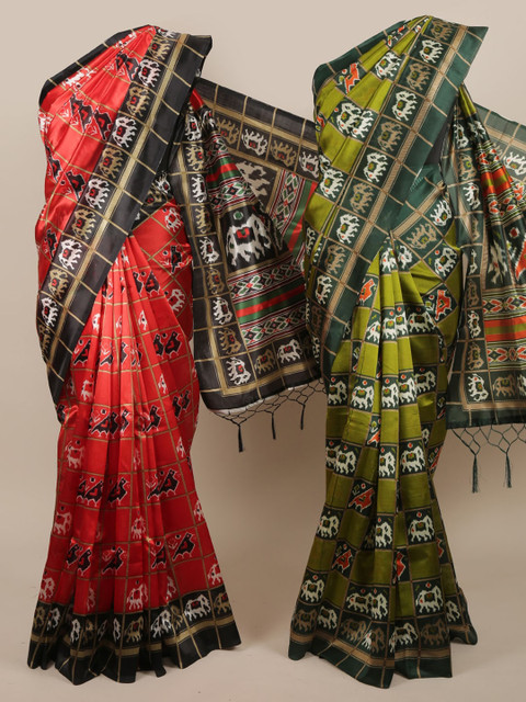 

Pothys Pack Of 2 Red & Green Jute Silk Printed Sarees