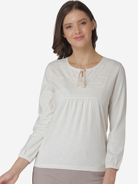 

Mode by Red Tape Off White Embroidered Tie-Up Neck Cotton Regular Top