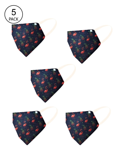 

ZIYAA Unisex Pack Of 5 Navy Blue & Pink Printed 4-Ply Safety Shield Reusable Protective Outdoor Masks