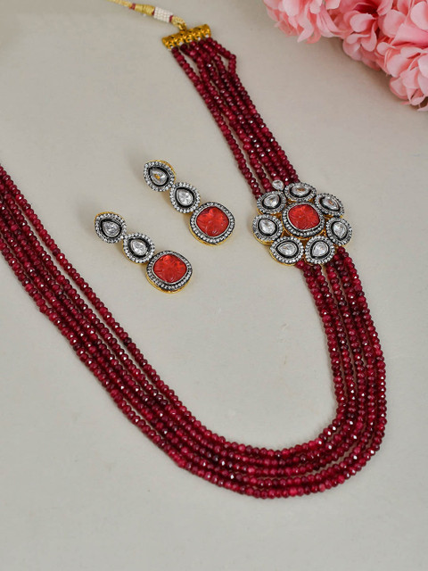 

Silvermerc Designs Gold-Plated Maroon & White AD & Kundan-Studded & Onyx Beaded Layered Jewellery Set