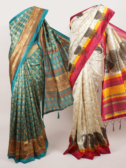 

Pothys Pack Of 2 Green & Cream-Coloured Jute Silk Printed Sarees