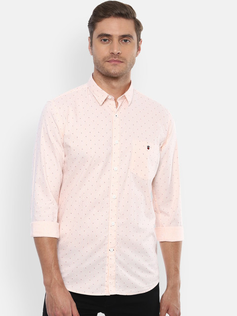 

Louis Philippe Sport Men Peach-Coloured & White Slim Fit Striped Casual Shirt