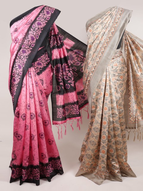 

Pothys Pack Of 2 Pink & Cream-Coloured Jute Silk Printed Sarees