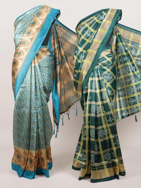 

Pothys Pack Of 2 Jute Silk Printed Sarees, Blue