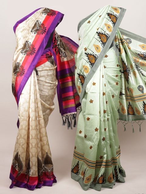 

Pothys Pack of 2 Cream-Coloured & Green Jute Silk Printed Saree