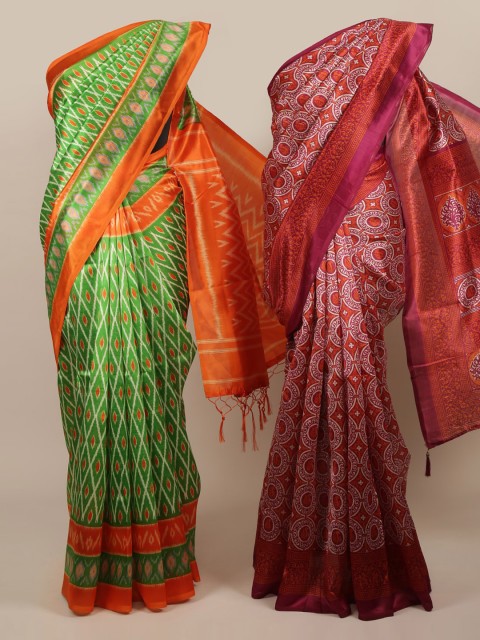 

Pothys Pack Of 2 Green & Orange Jute Silk Printed Sarees