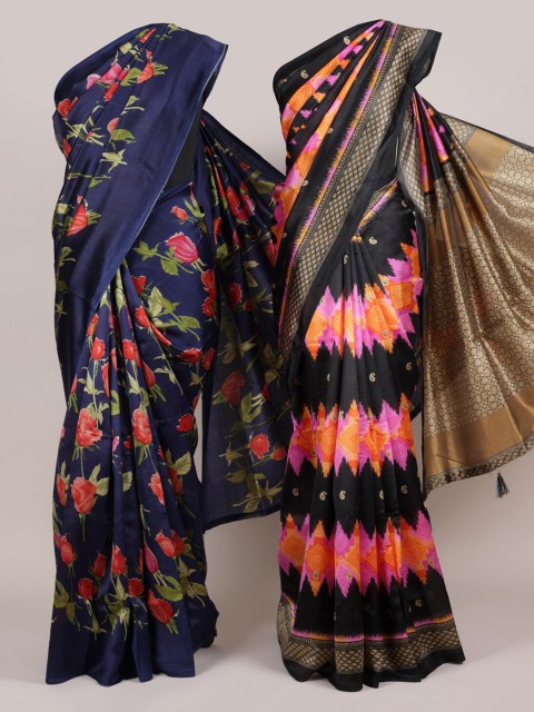 

Pothys Pack Of 2 Jute Silk Printed Sarees, Navy blue