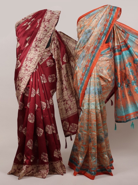 

Pothys Maroon & Orange Set of 2 Jute Silk Printed Saree