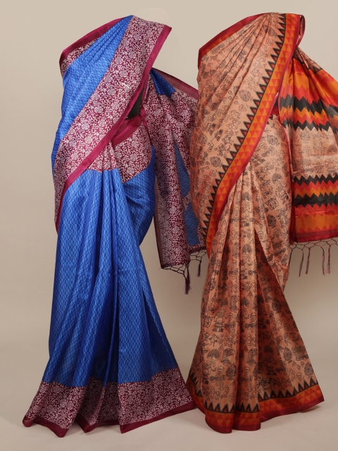 

Pothys Brown & Blue Set of 2 Jute Silk Printed Saree