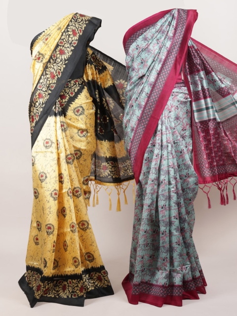 Pothys Yellow & Sea Green Set of 2 Jute Silk Printed Saree