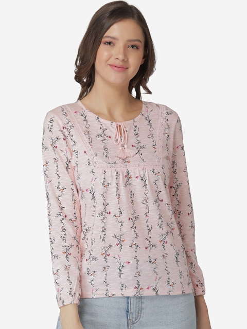 

Mode by Red Tape Pink & Black Floral Tie-Up Neck Regular Cotton Top