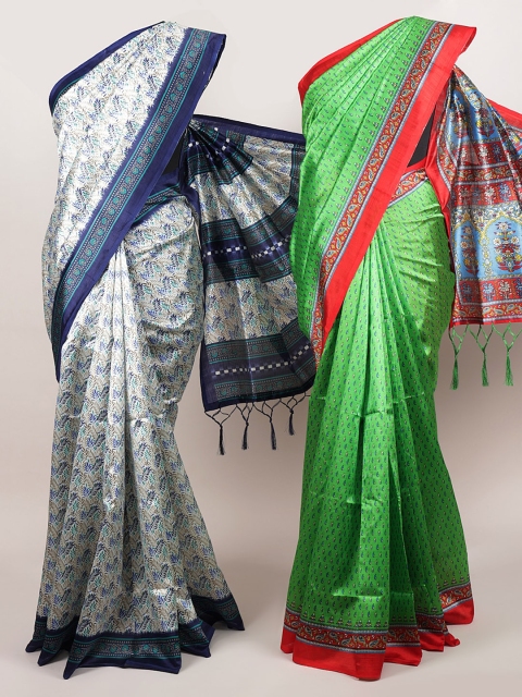 

Pothys Cream-Coloured & Green Set of 2 Jute Silk Printed Saree
