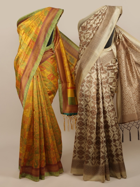 

Pothys Yellow & Cream-Coloured Set of 2 Jute Silk Printed Saree