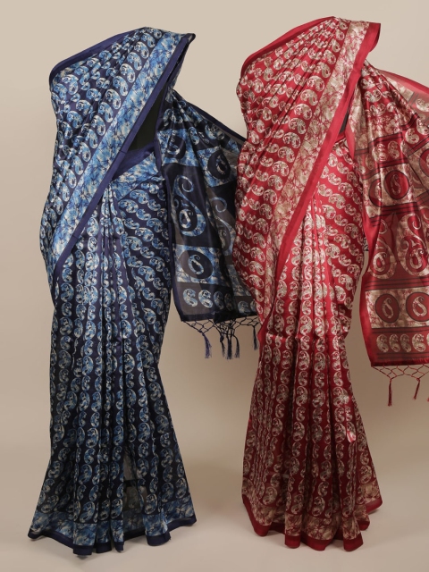 

Pothys Pack of 2 Blue & Red Jute Silk Printed Saree