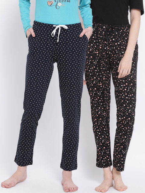 

Kanvin Women Pack of 2 Printed Pure Cotton Lounge Pants, Black