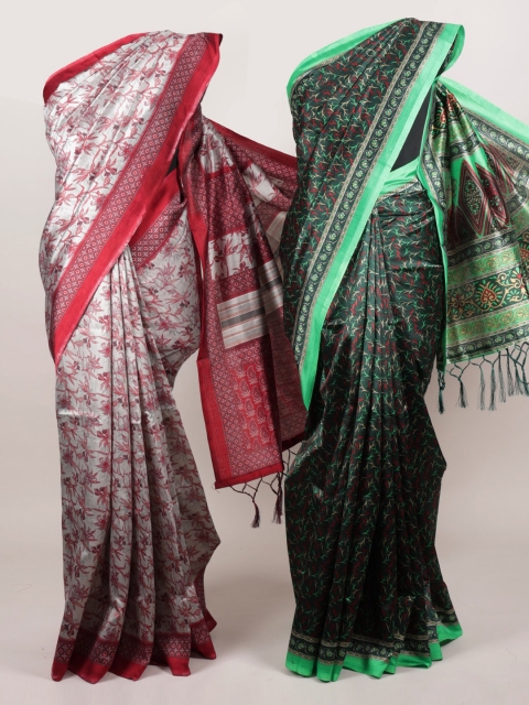 

Pothys Pack of 2 Grey & Green Jute Silk Printed Saree