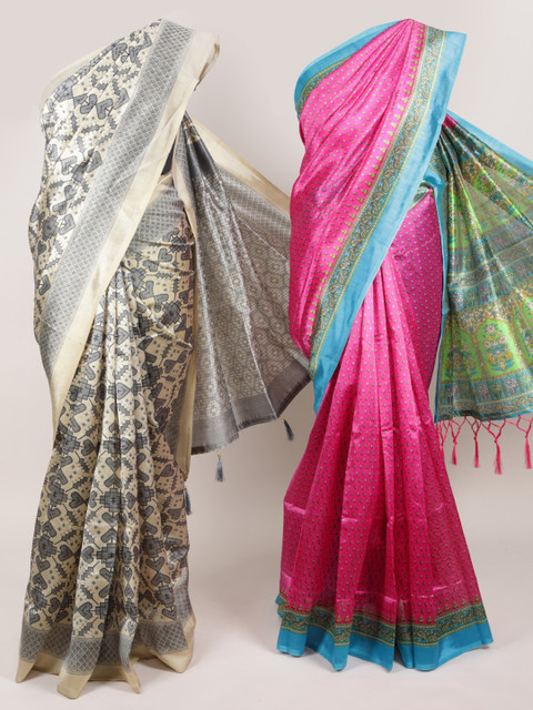

Pothys Cream-Coloured & Magenta Set of 2 Jute Silk Printed Saree