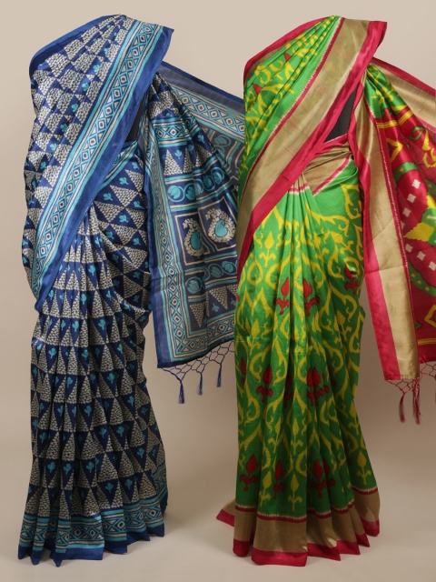 

Pothys Pack Of 2 Blue & Green Jute Silk Printed Sarees