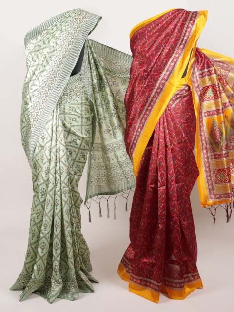 

Pothys Pack Of 2 Maroon & Green Jute Silk Printed Sarees