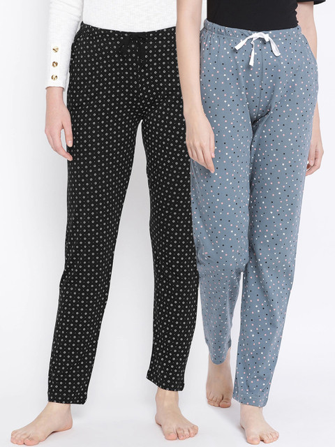 

Kanvin Women Pack of 2 Printed Pure Cotton Lounge Pants, Grey