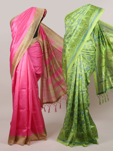 

Pothys Pack Of 2 Green & Pink Jute Silk Woven Design Sarees